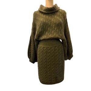 Free People Olive Cowl Neck Knit Puff Sleeve Sweater Dress SP Boho Glam Chic